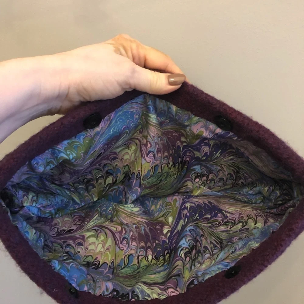 Wool Felted Bag Clutch Crochet Floral Trim Lined Purple Snap Closure